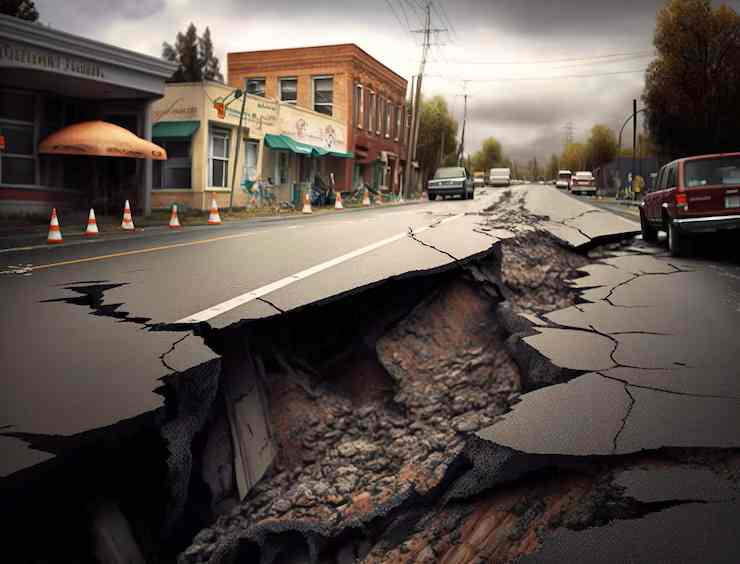 Terremoto rachou o asfalto e provocou estragos imagem IA