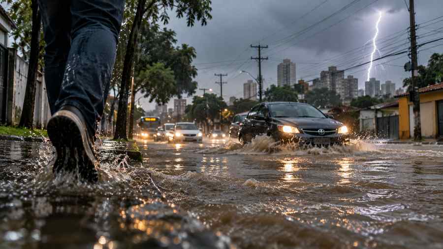Enchente Urbana sob Raios e Chuvas Imagem gerada por IA
